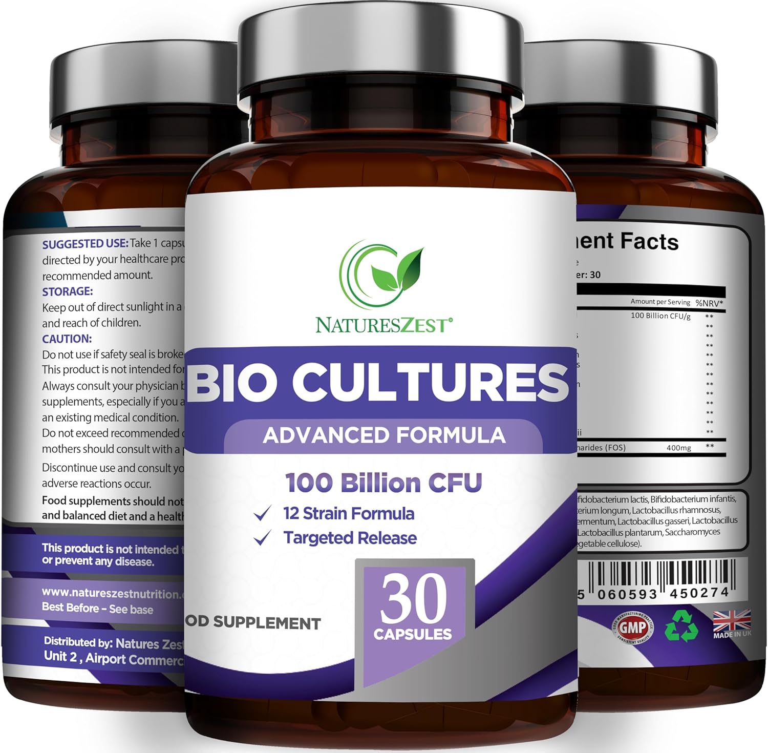 Bio Cultures Complex Probiotics 100 Billion Cfu With Prebiotics – Lactobacillus Plantarum & Saccharomyces Boulardii Probiotic - 30 Vegan Capsules – Probiotics For Women & Men – Packaging May Vary