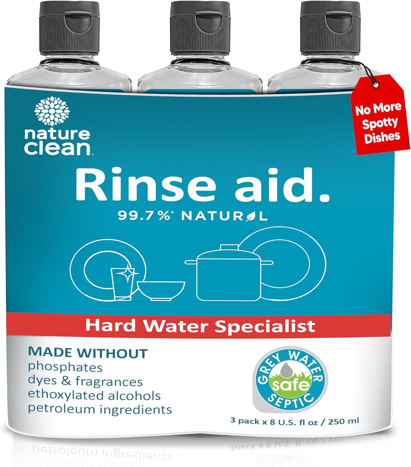 Nature Clean Natural Dishwasher Rinse Aid Cleaner Liquid & Dishwasher Drying Agent 3-Pack. Spot-Free Non-Toxic Organic Eco-Friendly Biodegradable Hard Water Booster & Stain Remover For Glass