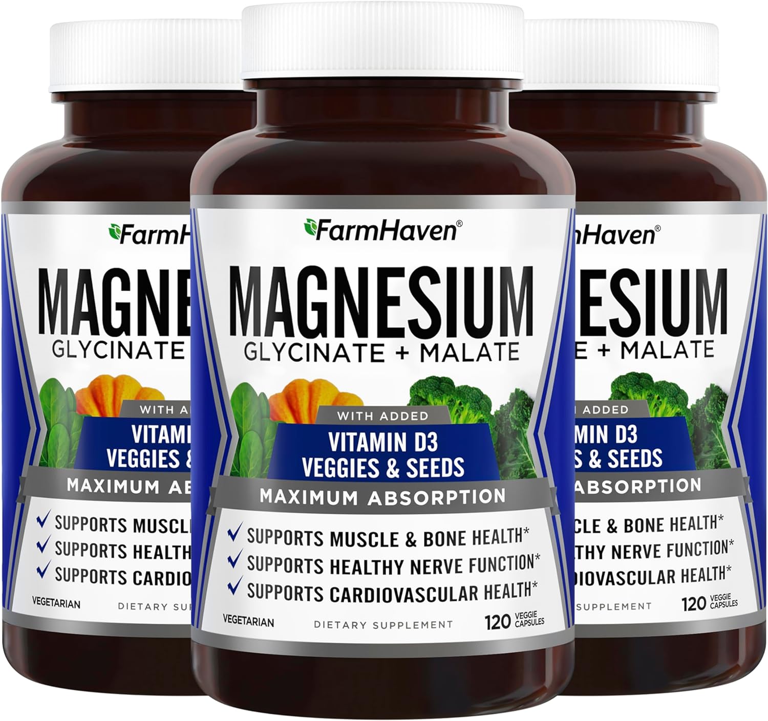 FarmHaven Magnesium Glycinate & Malate Complex w/ Vitamin D3, 100% Chelated for Max Absorption, Vegan ? Bone Health, Nerves, Muscles, 360 Capsules, 180 Days