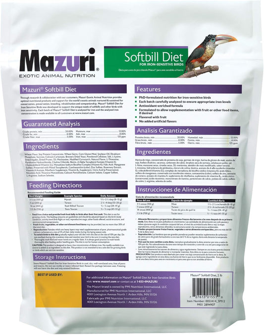 Mazuri | Softbill Diet For Iron-Sensitive Birds | 2 Pound (2 Lb) Bag