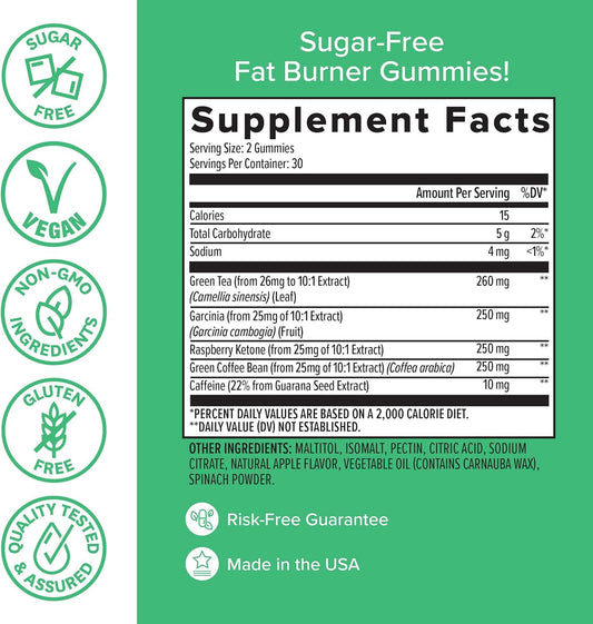 Zenwise Health Fat Burner Gummies - Appetite Suppressant For Weight Loss With Green Tea Extract And Garcinia Cambogia For Metabolism + Green Coffee Bean And Raspberry Ketone - 60 Count Apple Gummies