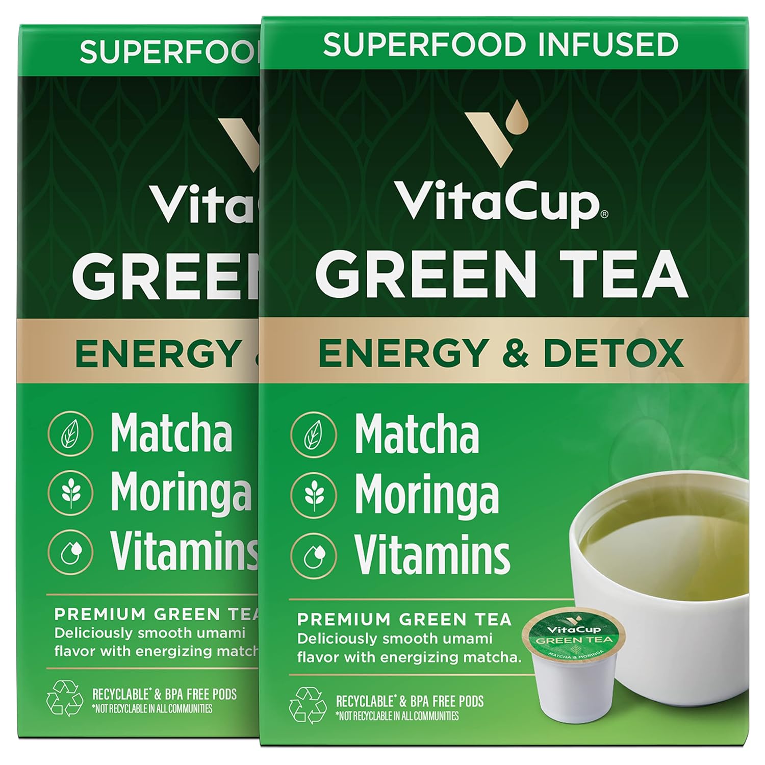 Vitacup Green Tea Pods, Enhance Energy & Detox With Matcha, Moringa, B Vitamins, D3, Keto, Paleo, Vegan, Recyclable Single Serve Pod, Compatible With Keurig K-Cup Brewers,32 Ct