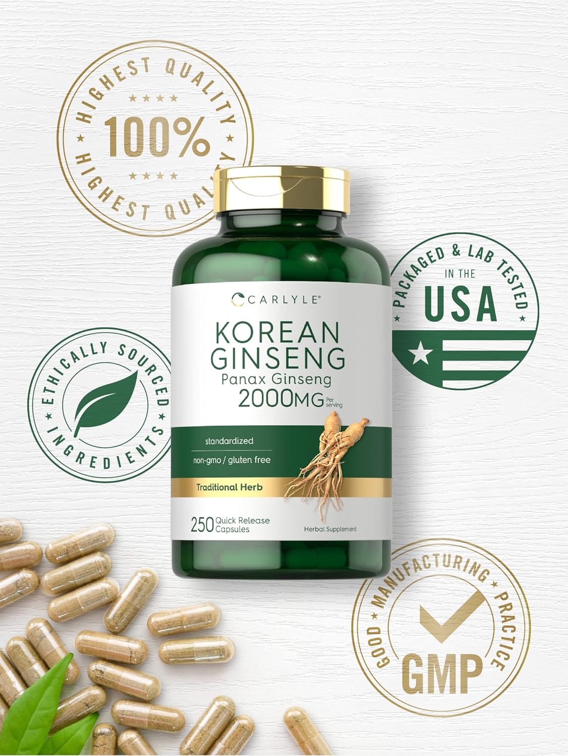 Carlyle Korean Ginseng Extract Capsules 2000 mg | 250 Capsules | Non-GMO and Gluten Free Formula | Standardized Panax Ginseng Supplement : Health & Household