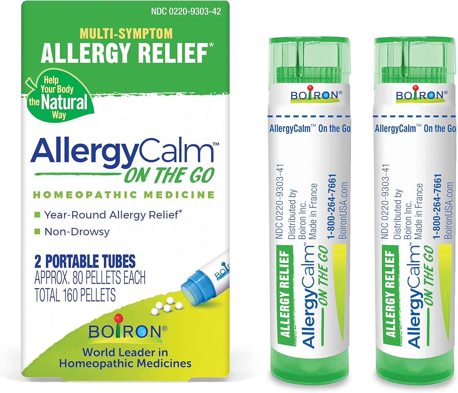 Boiron Allergycalm On The Go (6 Tubes) For Relief From Allergy And Hay Fever Symptoms Of Sneezing, Runny Nose, And Itchy Eyes Or Throat - 6 Green Tubes (480 Pellets)