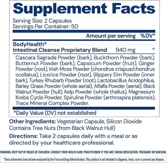 Bodyhealth Intestinal Cleanse - Eliminate, Colon Cleanser Detox, Gentle Laxative Pills And Bowel Flush Constipation Relief For Adults, Body Cleanse For Colon Health And Clean Gut (100 Capsules)