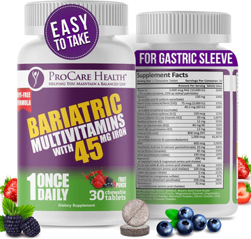 Procare Health Bariatric Multivitamin With Iron 45Mg Chewable (90 Tablets) - Fruit Punch Flavor Bariatric Multivitamin Chewable Pills For Gastric Bypass & Sleeve Gastrectomy Patients (03 Month Supply)