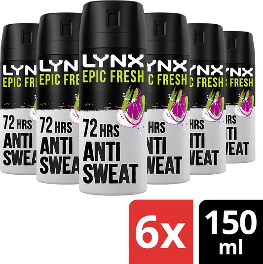 Lynx Epic Fresh Anti-Perspirant Aerosol Men's Deodorant Spray with ProScent technology and a grapefruit & tropical pineapple scent for 72 hours protection against odour and wetness 6x 150 ml : Amazon.co.uk: Beauty