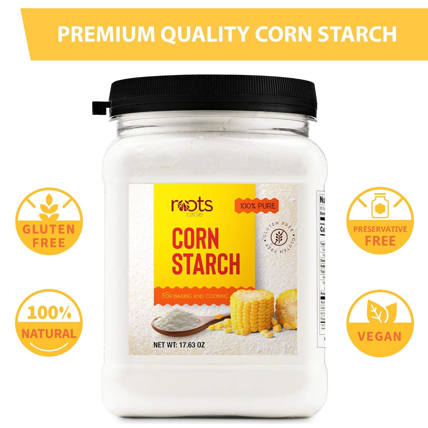 Roots Circle 100% Pure Corn Starch | 2 [17Oz] Airtight Containers | All Natural Thickener For Soups, Stews, Gravy, Baking Pies, Puddings & Cakes | Gluten-Free, Non-Gmo, Vegan, Kosher, Food-Grade