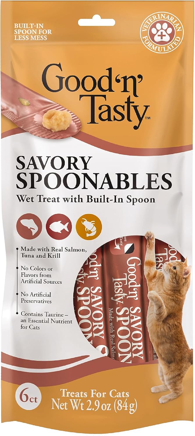 Good 'N' Tasty Savory Spoonables With Real Salmon, Tuna & Krill, 6 Count Tube, Triple Flavor Squeezable Lickable Wet Treats For Cats With Built-In Spoon For Less Mess