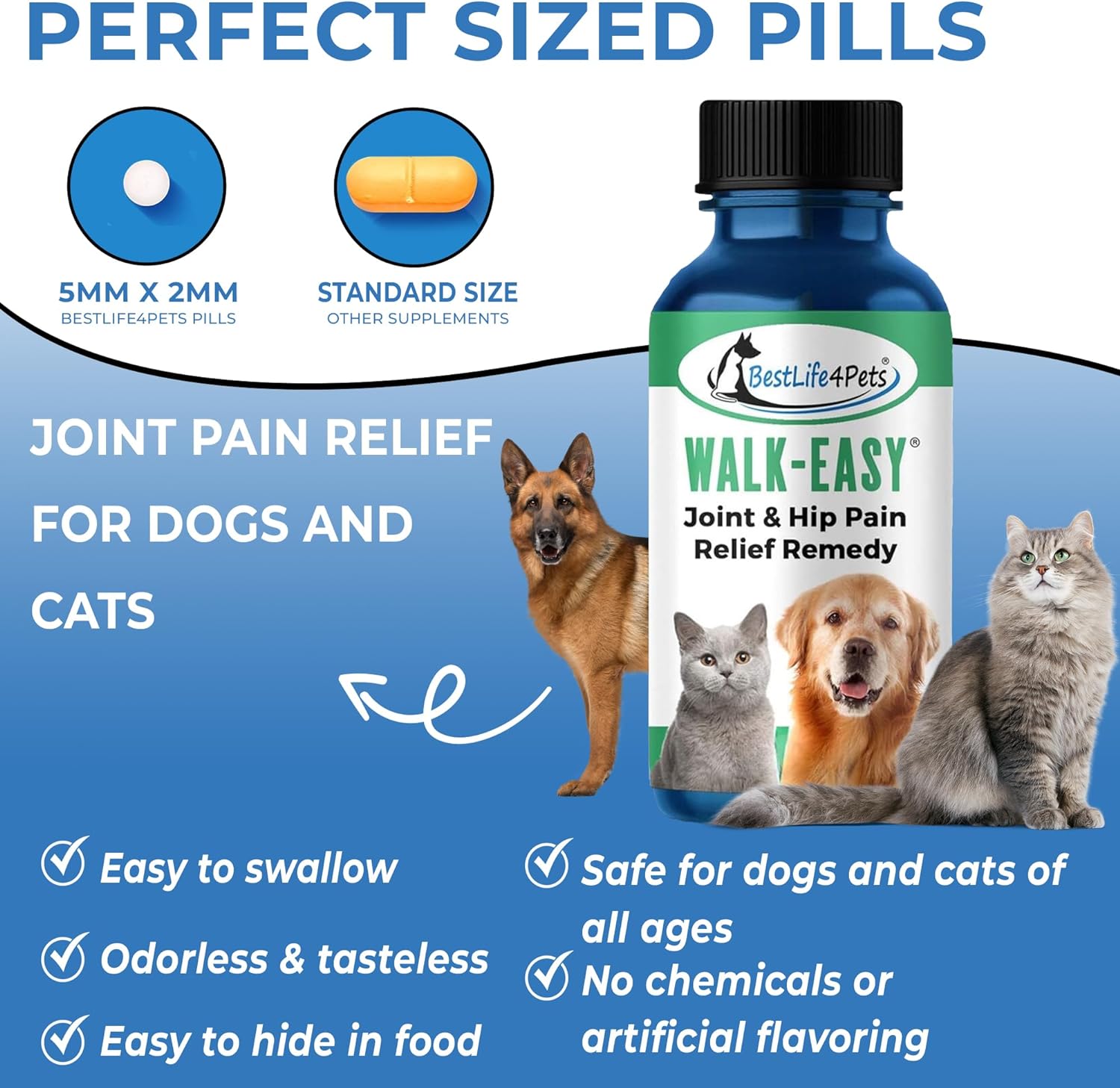BestLife4Pets Walk-Easy Hip and Joint Supplement for Dogs & Cats - Arthritis Pain Relief and Anti-inflammatory Support Pills for Dogs & Cats Joint Pain Relief - Easy to Use Natural Pills
