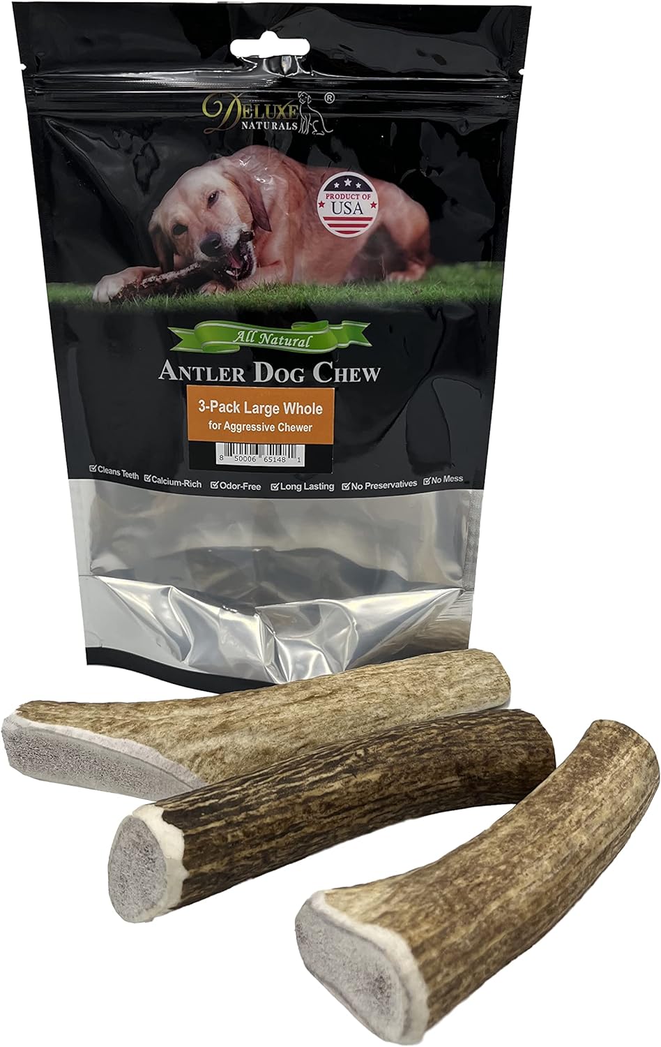 Elk Antler Chews for Dogs | Naturally Shed USA Collected Elk Antlers | All Natural A-Grade Premium Elk Antler Dog Chews | Product of USA, 3-Pack Large Whole