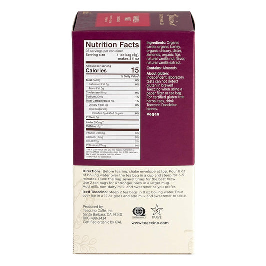 Teeccino Vanilla Nut Herbal Tea - Rich & Roasted Herbal Tea That’S Caffeine Free & Prebiotic For Natural Energy, 25 Tea Bags