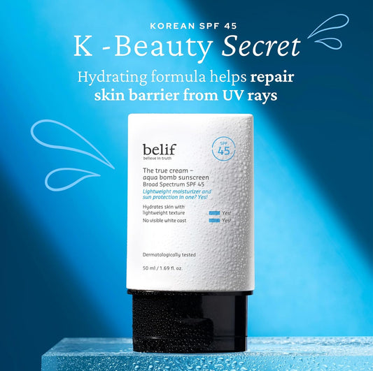 Belif Aqua Bomb Spf 45 Hydrating Niacinamide Sunscreen (1.69 Fl. Oz) - The True Cream Pa++++, Daily Broad Spectrum, No White Cast, Weightless & Invisible, Non-Greasy, Korean Skincare