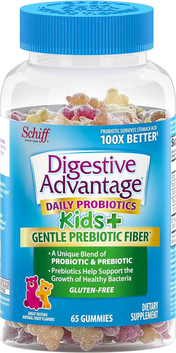 Digestive Advantage Prebiotic Fiber Gummies + Probiotics For Digestive Health, Daily Probiotics For Kids, Support For Occasional Bloating & Minor Abdominal Discomfort, 65Ct Natural Fruit Flavor
