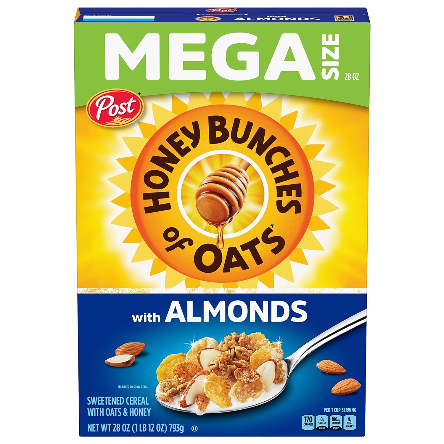 Honey Bunches of Oats with Almonds Breakfast Cereal, Honey Cereal with Granola Clusters and Sliced Almonds, Family Size Cereal, 28 OZ Box