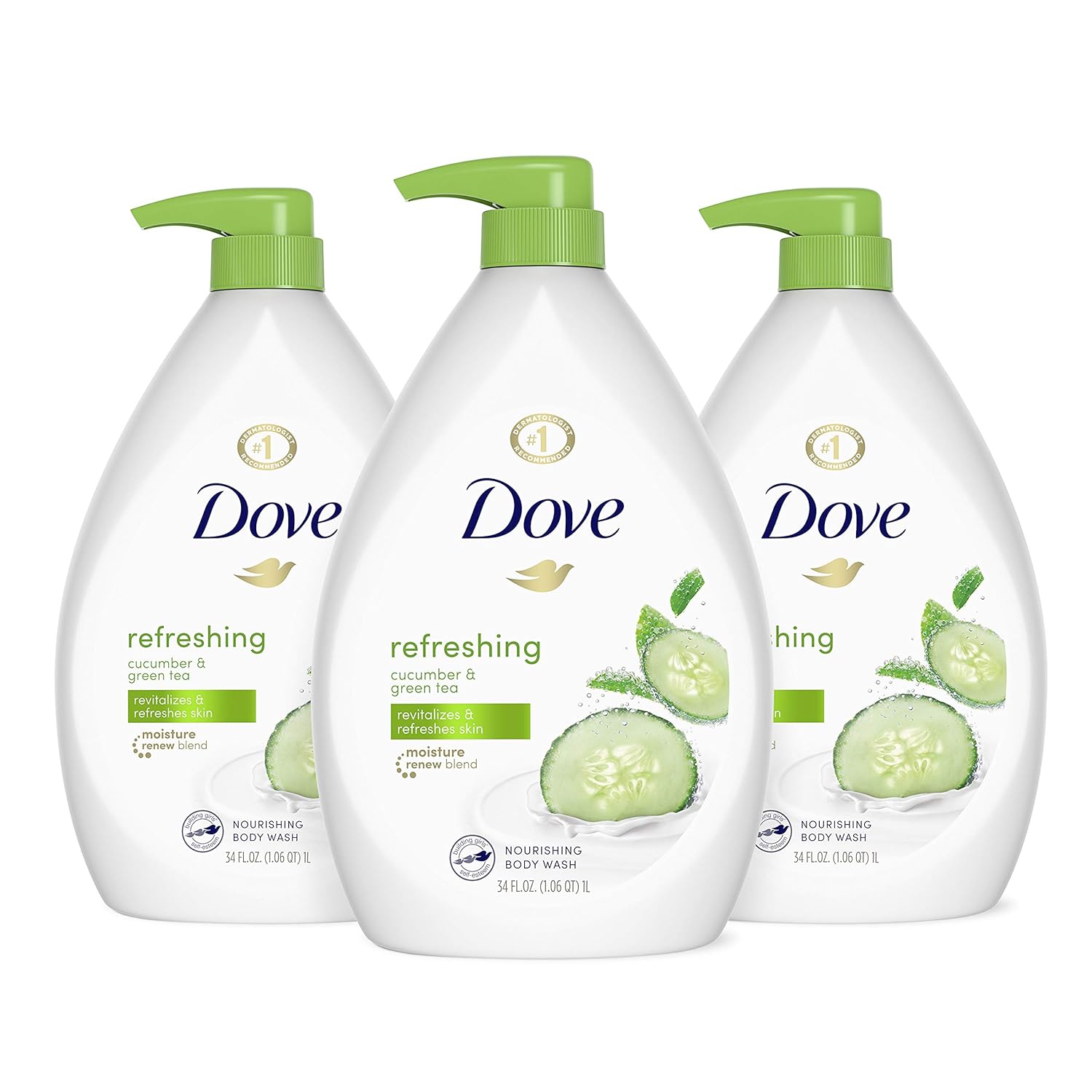 Dove Refreshing Body Wash With Pump Revitalizes And Refreshes Skin Cucumber And Green Tea Effectively Washes Away Bacteria While Nourishing Your Skin, 34 Fl Oz (Pack Of 3)