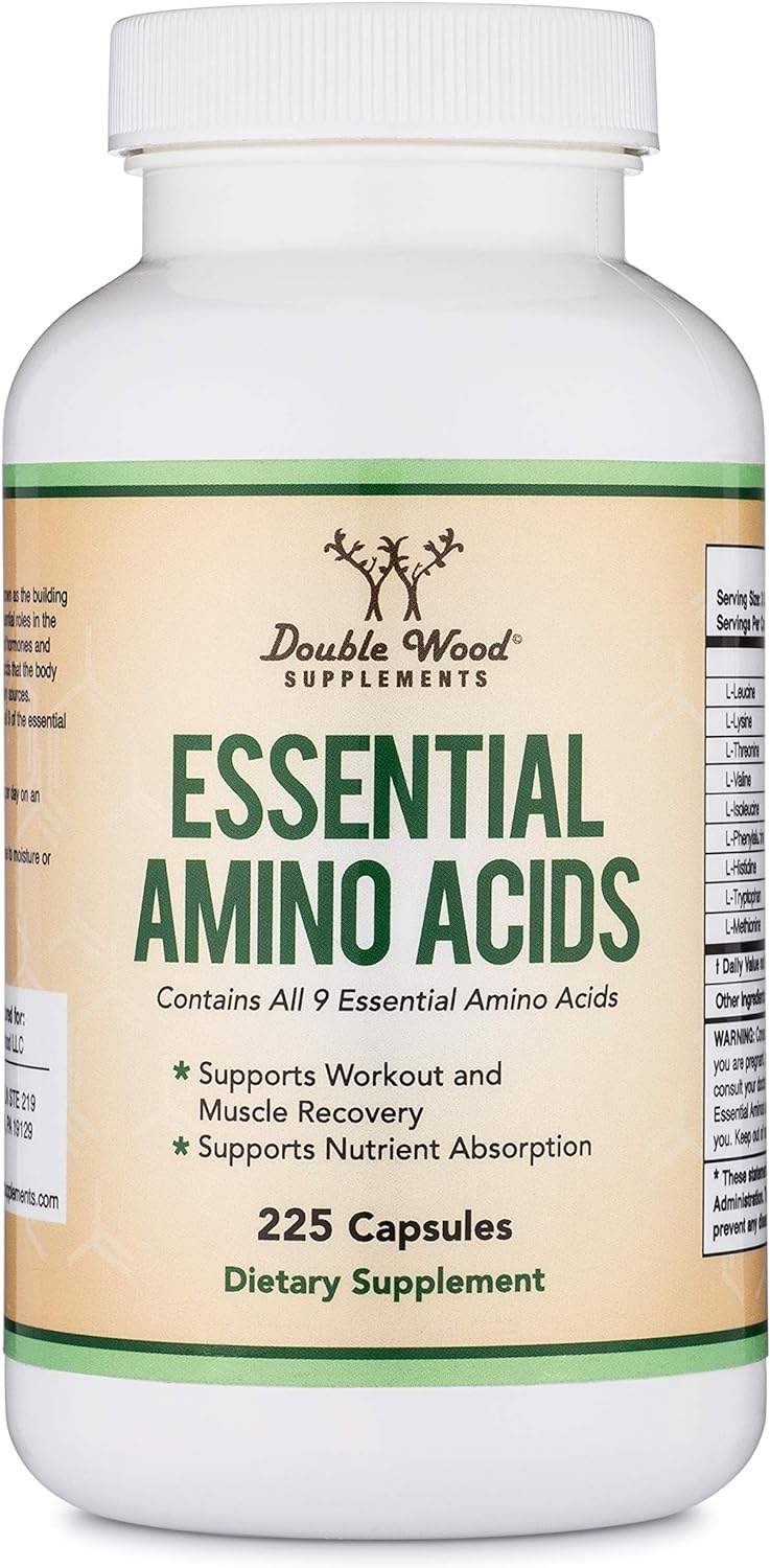 Essential Amino Acids - 1 Gram Per Serving Powder Blend of All 9 Essential Aminos (EAA) and All Branched-Chain Aminos (BCAAs) (Leucine, Isoleucine, Valine) 225 Capsules, Gluten Free by Double Wood : Health & Household