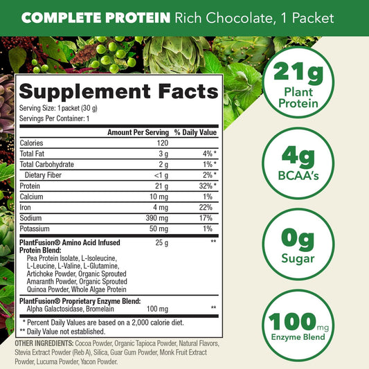PlantFusion Complete Vegan Protein Powder - Plant Based Protein Powder with BCAAs, Digestive Enzymes and Pea Protein - Keto, Gluten Free, Soy Free, Non-Dairy, No Sugar, Non-GMO - Chocolate Pack of 12