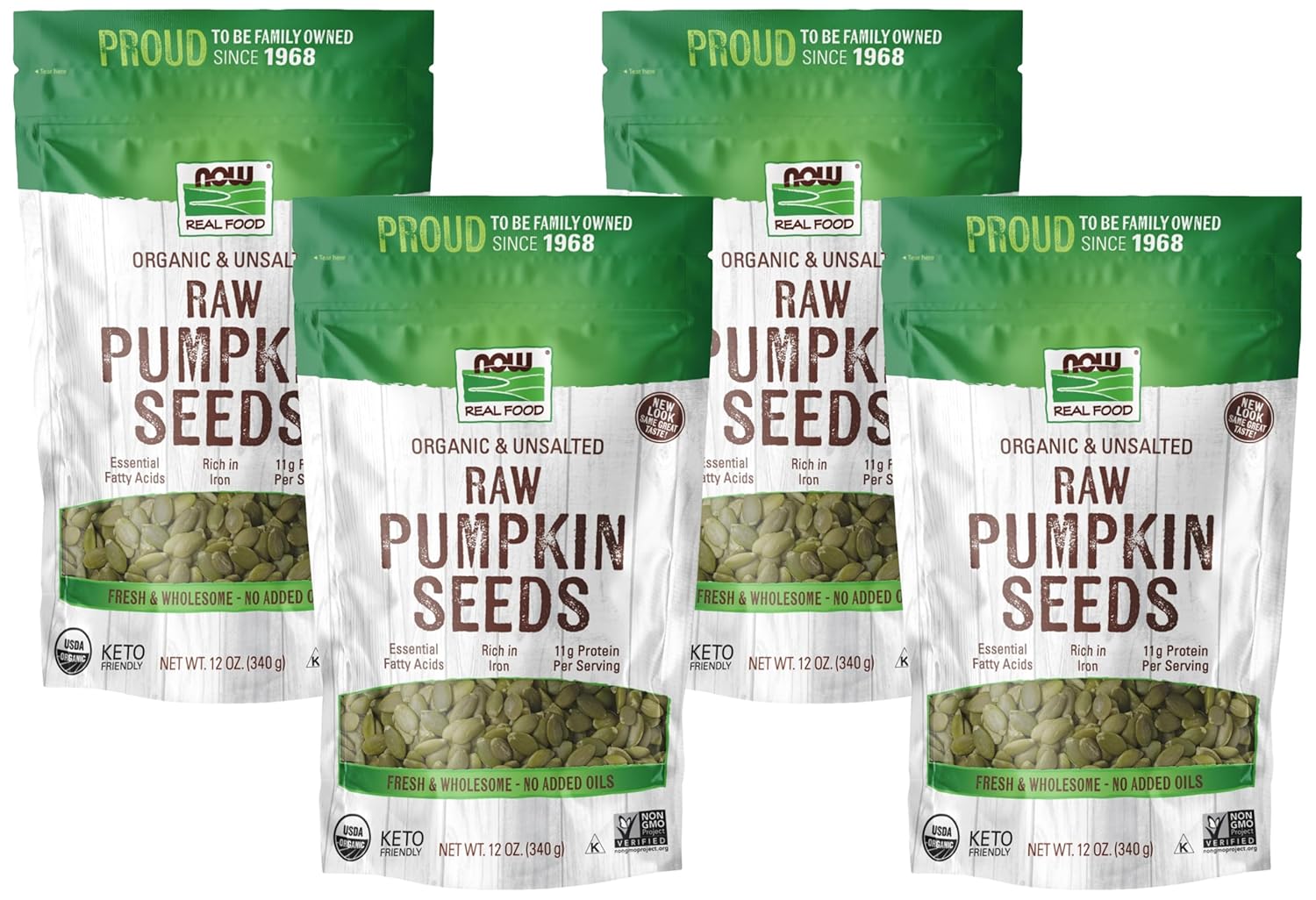 Now Foods, Organic Pumpkin Seeds, Raw And Unsalted, Excellent Source Of Protein And Iron, Certified Non-Gmo, Keto-Friendly Snack, 12-Ounce (Packaging May Vary) (Pack Of 4)