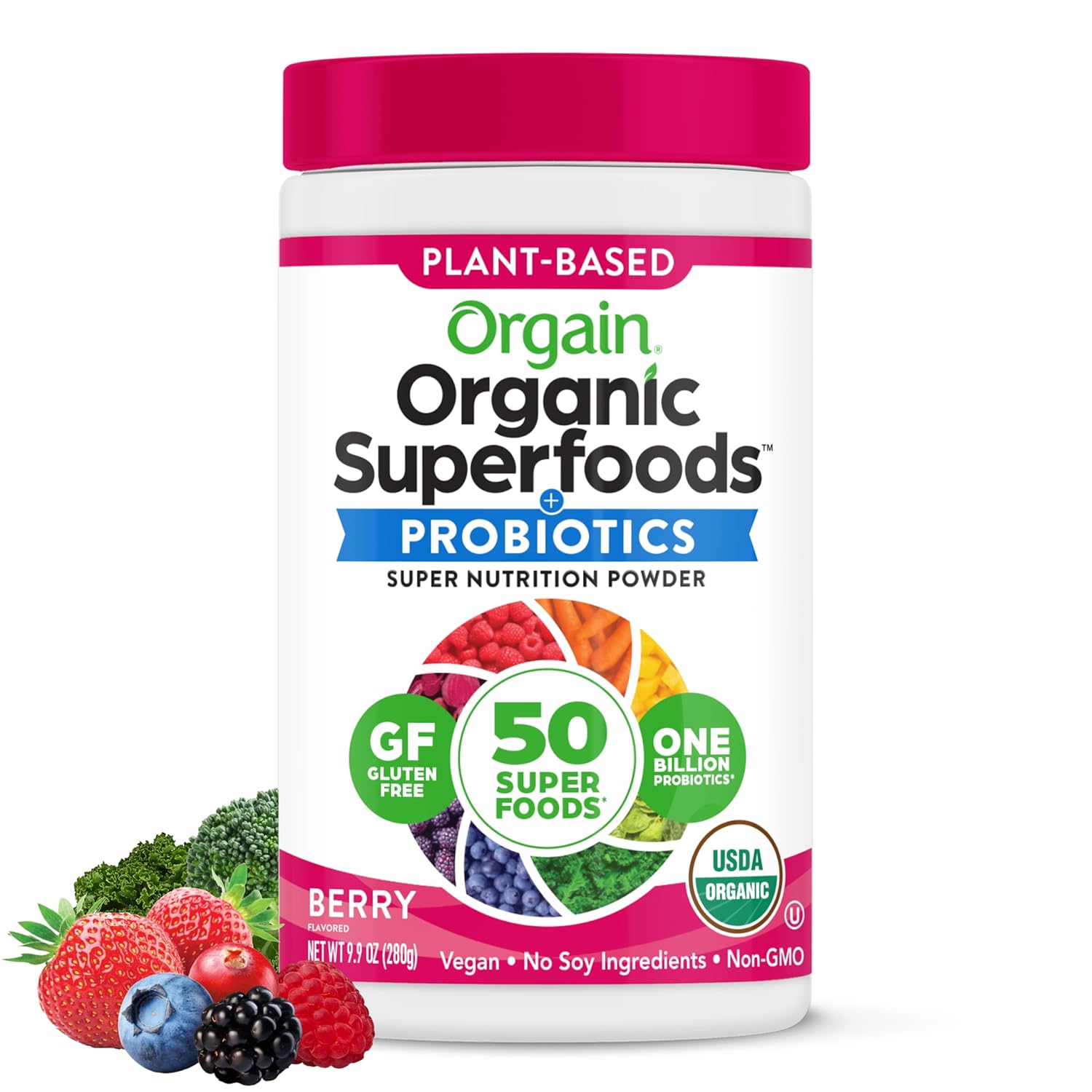 Orgain Organic Greens Powder + 50 Superfoods, Berry - 1 Billion Probiotics For Digestive Health, Antioxidants, Vegan, Plant-Based, Gluten-Free, Non-Gmo, Green Juice & Smoothie Drink Mix - 0.62Lb