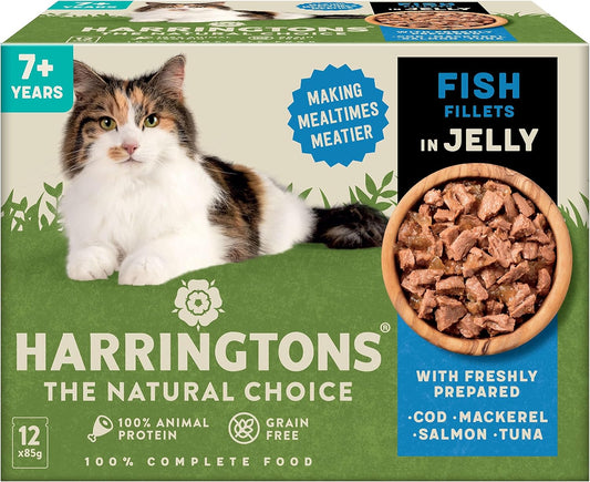 Harringtons Complete Wet Pouch Grain Free Hypoallergenic Senior Cat Food Fish in Jelly Pack 72x85g - Cod, Mackerel, Salmon & Tuna - Making Mealtimes Meatier?HARRWCATSENF-C85