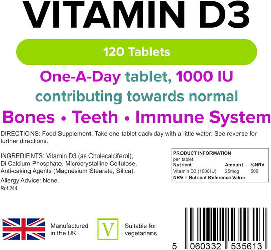 Lindens Vitamin D3 1000IU - 120 Tablets - Immune System, Bones, Teeth, UK Manufacturer Immune Support | (4 Months Supply) | Suitable for Vegetarians | Letterbox Friendly