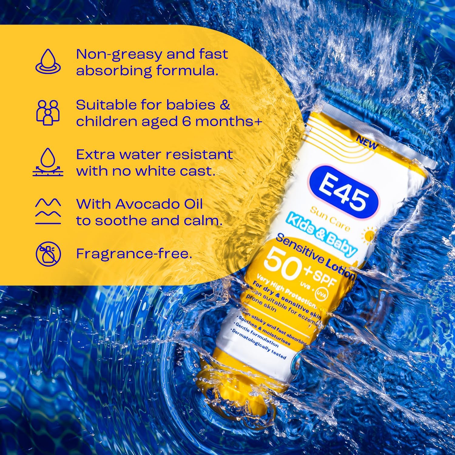 E45 Kids & Baby Sun Lotion for Sensitive Skin SPF 50+. Face & Body Gentle Sun Cream with UVA & UVB Protection with Avocado Oil. For Dry Sensitive Skin and Eczema Prone Skin -180 ml : Amazon.co.uk: Baby Products