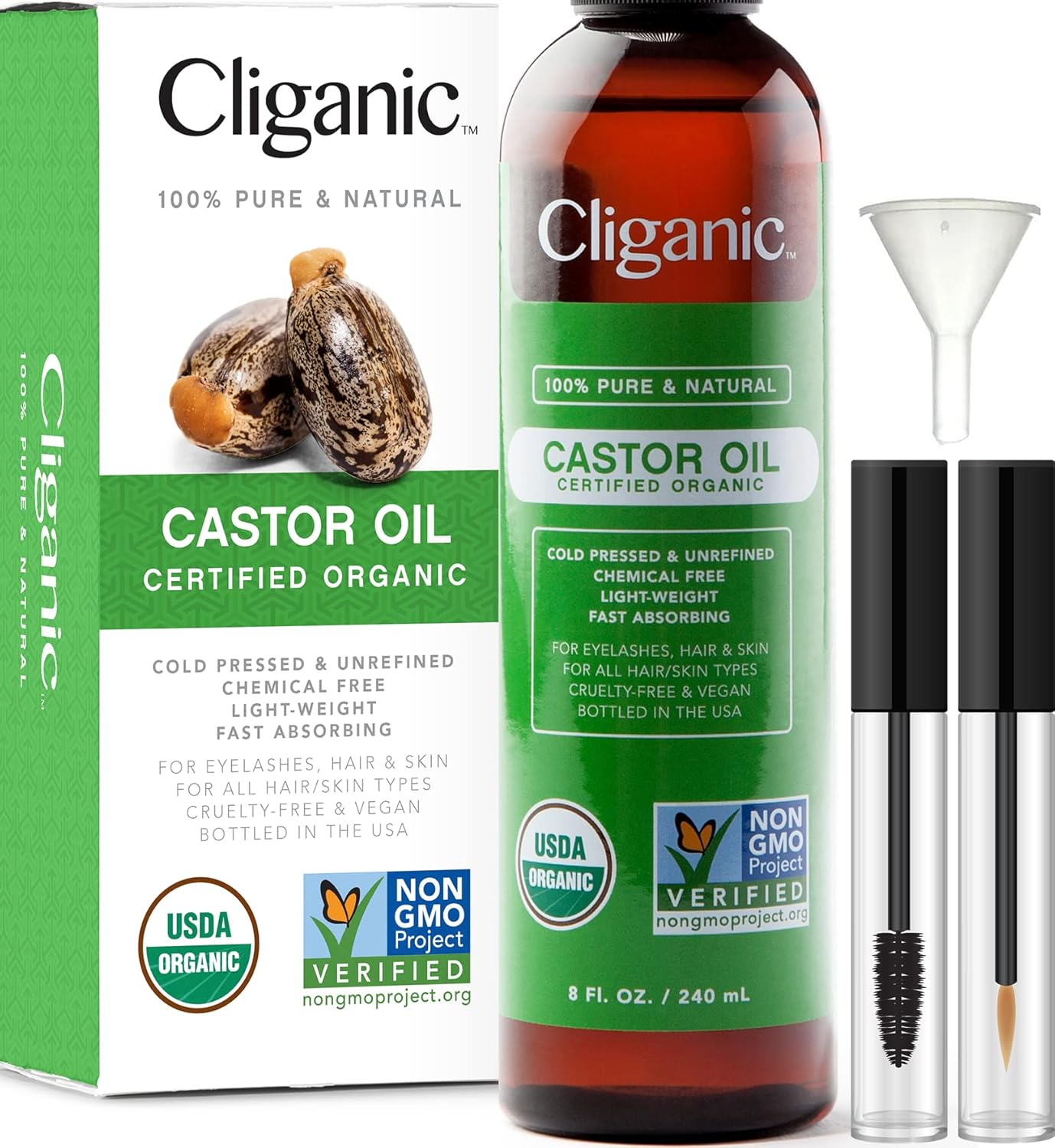 Cliganic Usda Organic Castor Oil, 100% Pure (8Oz With Eyelash Kit) - For Eyelashes, Eyebrows, Hair & Skin | Natural Cold Pressed Unrefined Hexane-Free