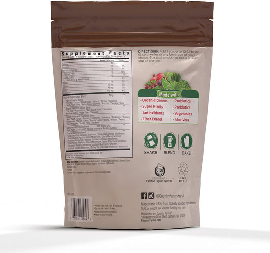 Country Farms Super Greens Chocolate Flavor, 50 Organic Super Foods, Usda Organic Drink Mix (Wheat Grass, Spirulina, Chlorella) Mushrooms & Probiotics, Natural Energy, 30 Servings