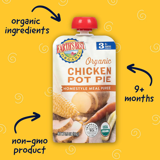 Earth'S Best Organic Baby Food Pouches, Stage 3 Homestyle Meal Puree For Babies 9 Months And Older, Organic Chicken Pot Pie Puree, 3.5 Oz Resealable Pouch (Pack Of 6)