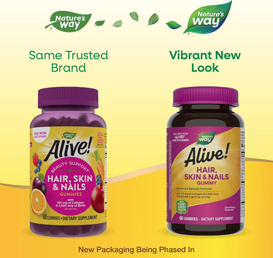 Nature'S Way Alive! Hair, Skin & Nails Gummies, Advanced Beauty Formula*, With Biotin And Collagen, Strawberry Flavored, 60 Gummies (Packaging May Vary)
