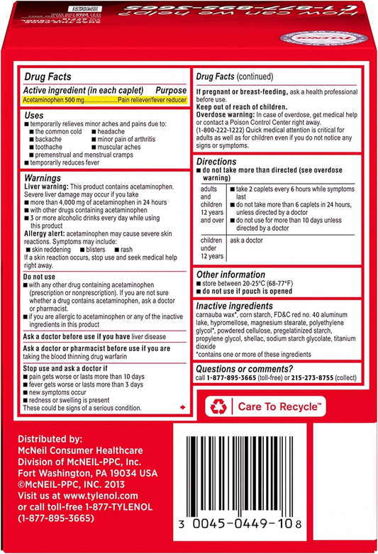 Tylenol Extra Strength Caplets With 500 Mg Acetaminophen, Pain Reliever And Fever Reducer For Headache, Backache & Menstrual Pain Relief, 2-Caplet Pouches, 50 Count