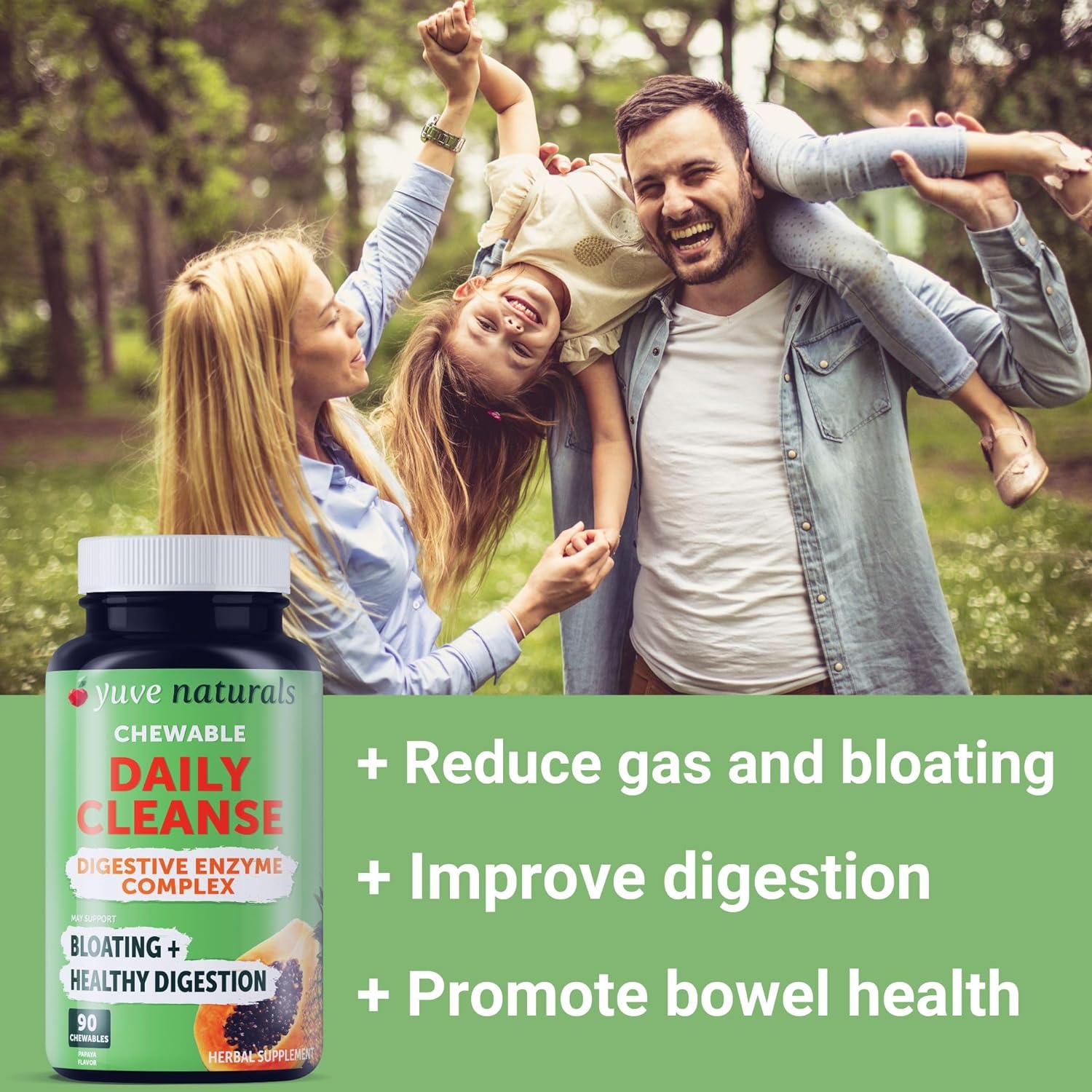 Yuve Natural Papaya Digestive Enzymes - Sugar-Free Chewable Candies - Promotes Better Digestion - Constipation & Bloating Aid, Detox, Leaky Gut Repair & Gas Relief - Vegan, Non-GMO, Gluten-Free - 90ct