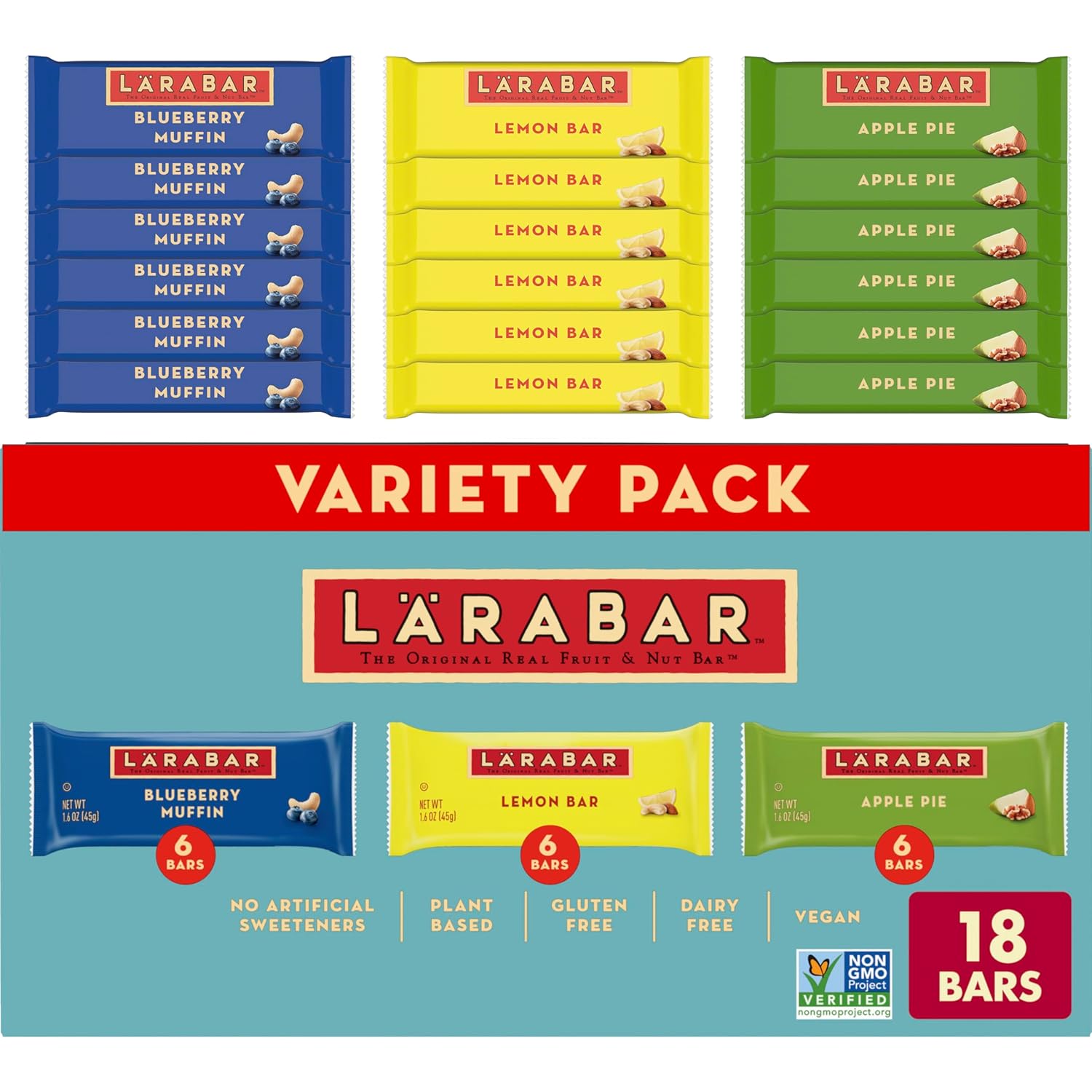 Larabar Variety Pack, Blueberry Muffin, Lemon Bar, Apple Pie, Fruit & Nut Bars, 18 Ct