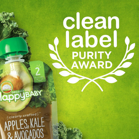 Happy Baby Organics Stage 2 Baby Food Pouches, Gluten Free, Vegan & Healthy Snack, Clearly Crafted Fruit & Veggie Puree, Pears, Kale & Spinach, 4 Ounces (Pack Of 16)