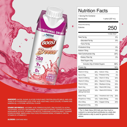 Boost Breeze Clear Nutritional Drink, 9G Protein, 250 Nutrient-Rich Calories, Wild Berry, 8 Fl Oz (Pack Of 24)