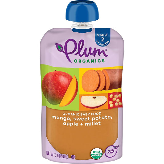 Plum Organics Stage 2 Organic Baby Food - Mango, Sweet Potato, Apple, And Millet - 3.5 Oz Pouch (Pack Of 12) - Organic Fruit And Vegetable Baby Food Pouch