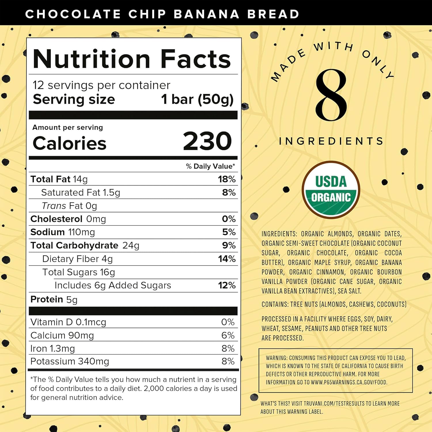 Truvani Plant Based Snack Bars | 5g Protein | 12 Pack Chocolate Chip Banana Bread | Organic | Vegan | The Only Bar | Dairy, Soy, and Gluten Free | Individually Wrapped : Health & Household