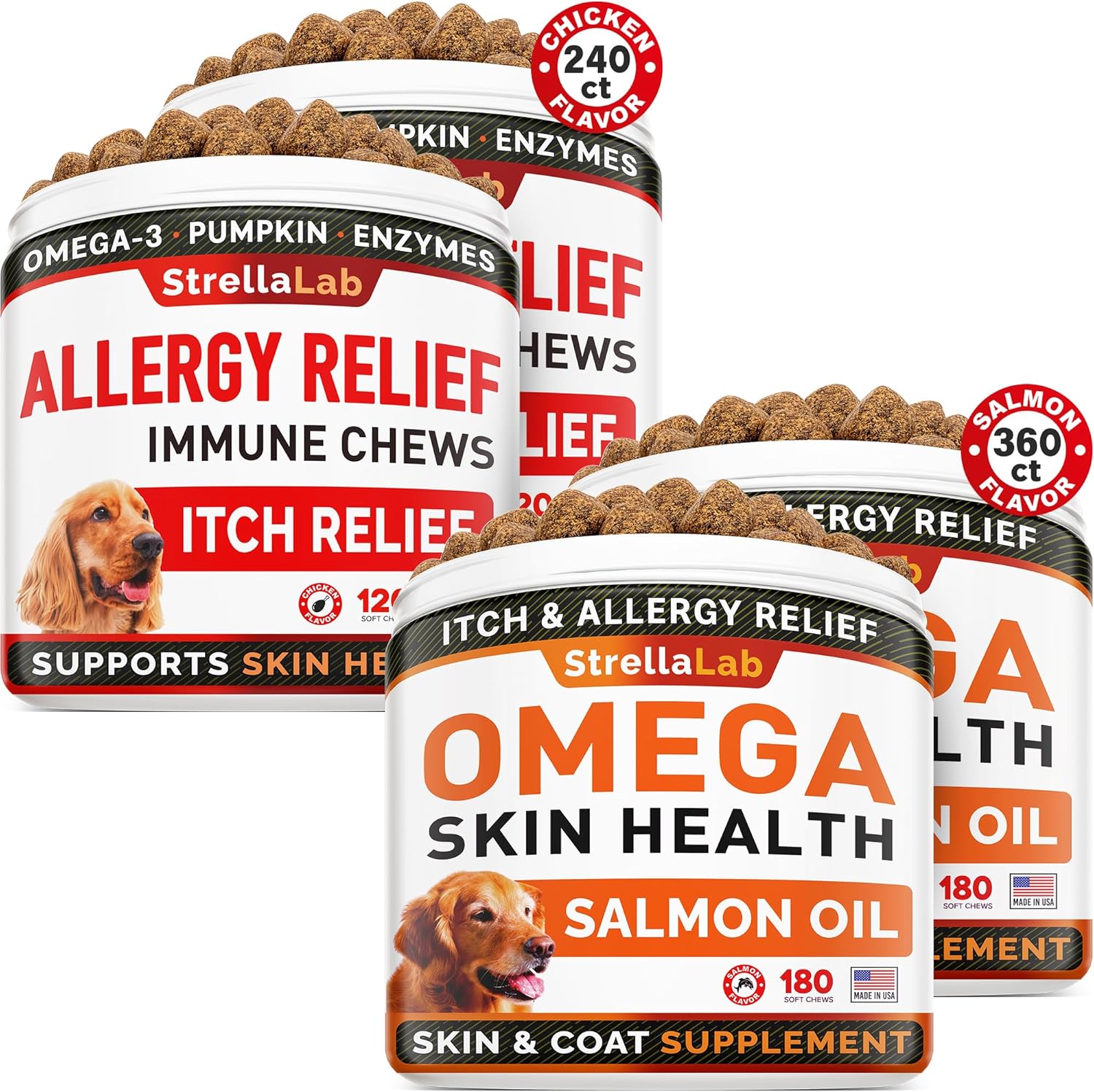 Allergy Relief + Omega 3 Dogs Bundle - Itchy Skin Treatment + Allergy - Omega 3 & Pumpkin - Dogs Itching & Licking Treats + Dry Itchy Skin, Shedding, Hot Spots Treatment - 600 Chews - Made In Usa