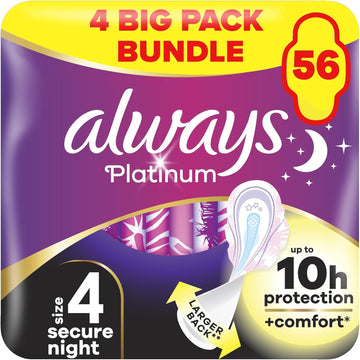 Always Platinum Extra Comfort Sanitary Towels, Size 4, Secure Night, Heavy Flow, 56 Pads With Soft Wings, Leak Protection, Micro Cushions, Fit&Flex Core, Odour Neutraliser