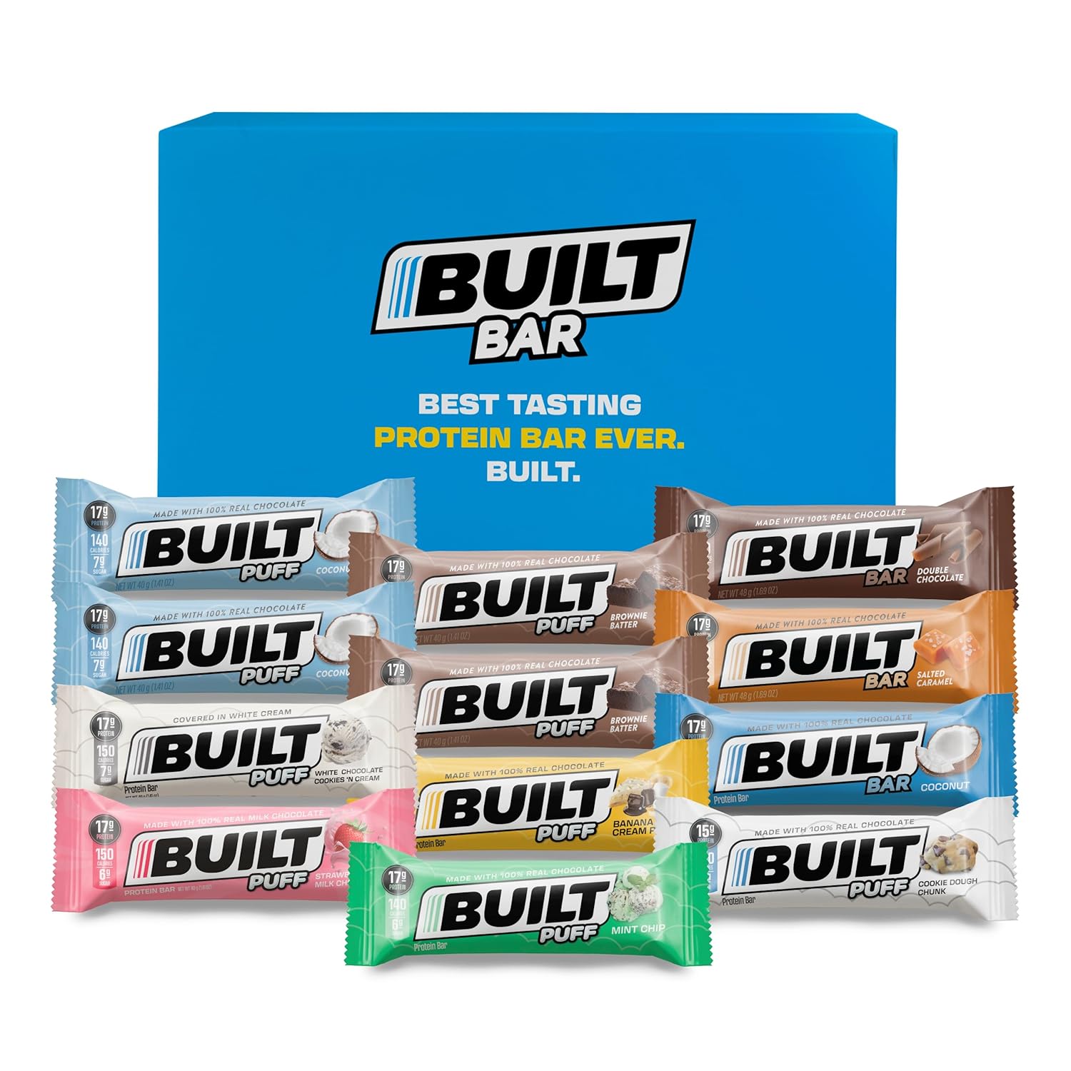 Built Protein Bars Variety Pack, 17G High Protein Bars, On-The-Go Protein Snacks & Breakfast Bar - Mixed Sampler Box: 3 Bars & 9 Puffs