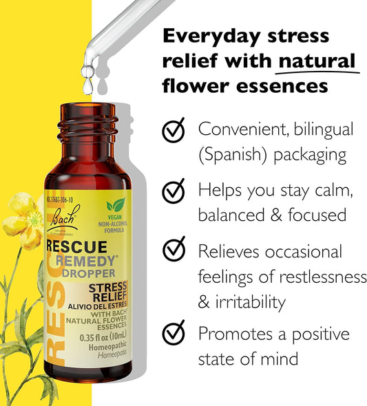 Rescue Bach Remedy Dropper 10Ml, Natural Stress Relief, Homeopathic Flower Essence, Vegan, Gluten & Sugar-Free, Non-Habit Forming (Non-Alcohol Formula)