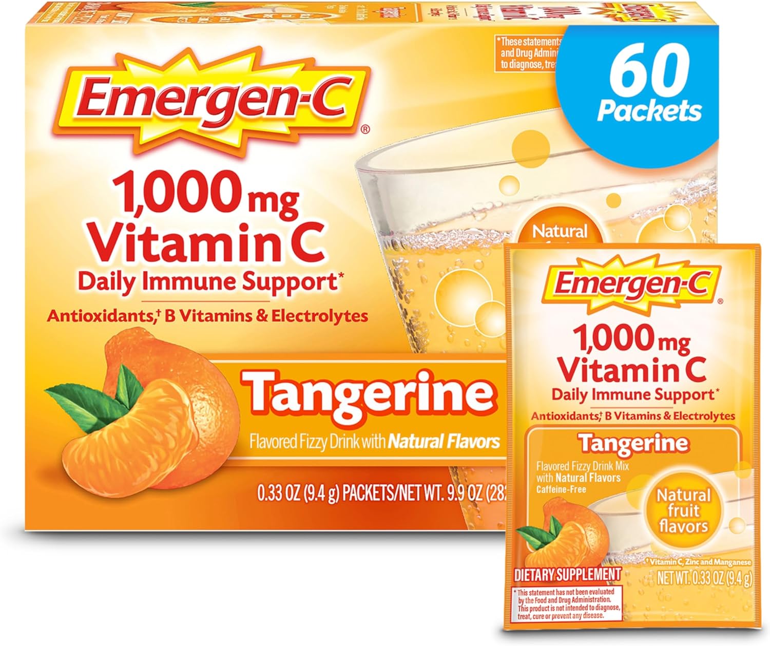 Emergen-C 1000Mg Vitamin C Powder, With Antioxidants, B Vitamins And Electrolytes, Vitamin C Supplements For Immune Support, Caffeine Free Drink Mix, Tangerine Flavor - 60 Count/2 Month Supply