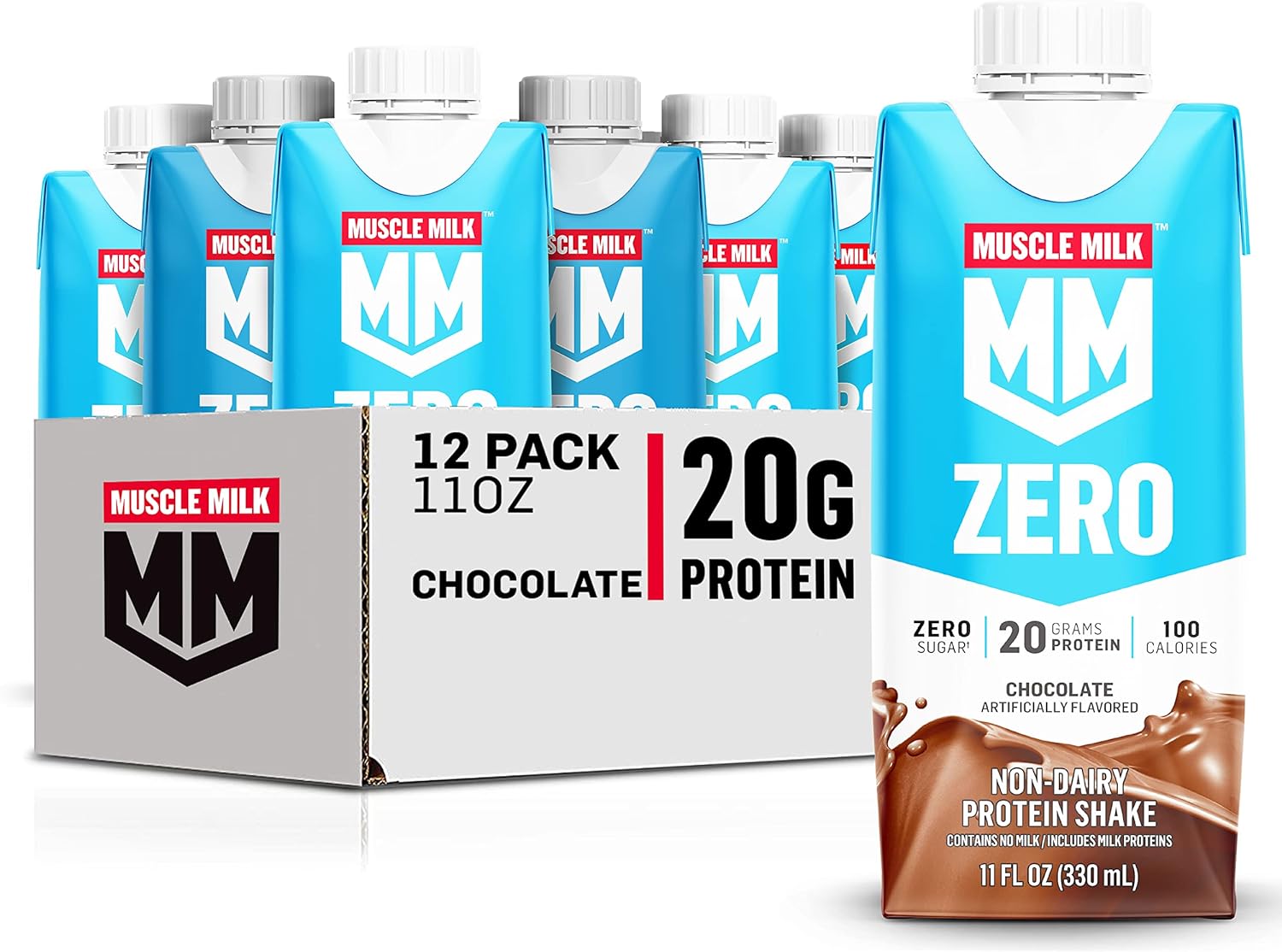 Muscle Milk Zero Protein Shake, Chocolate, 11 Fl Oz Carton, 12 Pack, 20G Protein, Zero Sugar, 100 Calories, Calcium, Vitamins A, C & D, 4G Fiber, Energizing Snack, Workout Recovery, Packaging May Vary,11 Fl Oz (Pack Of 12)