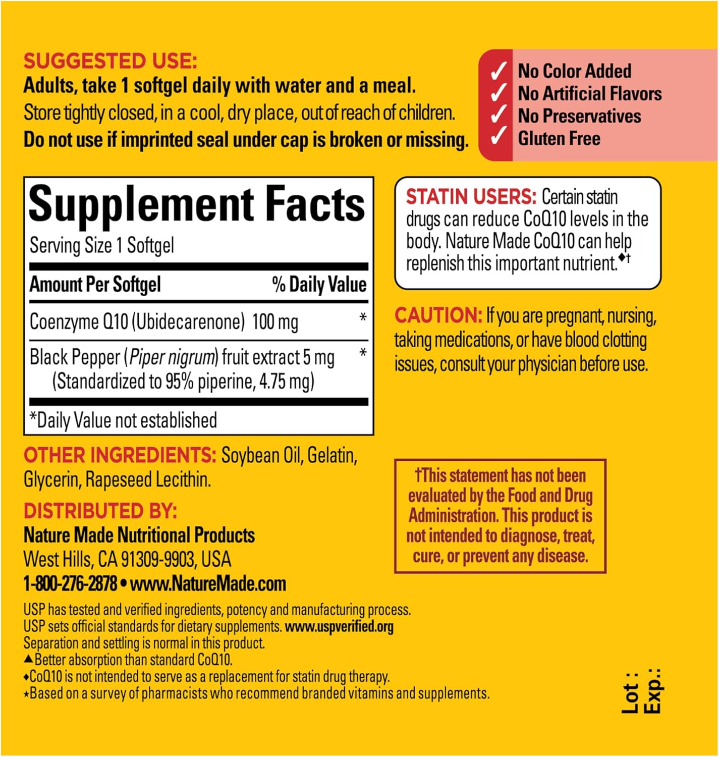 Nature Made CoQ10 100mg with Black Pepper Extract for Enhanced Nutrient Absorption, Dietary Supplement for Heart Health Support, 30 Softgels, 30 Day Supply : Health & Household