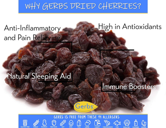 GERBS Dried Cherries 2 LBS. | Freshly Dehydrated Re-sealable Bulk Bag | Top 14 Food Allergy Free | Sulfur Dioxide Free & NON GMO | Anti-Inflammatory and Pain Relieving | Gluten, Peanut, Tree Nut Free
