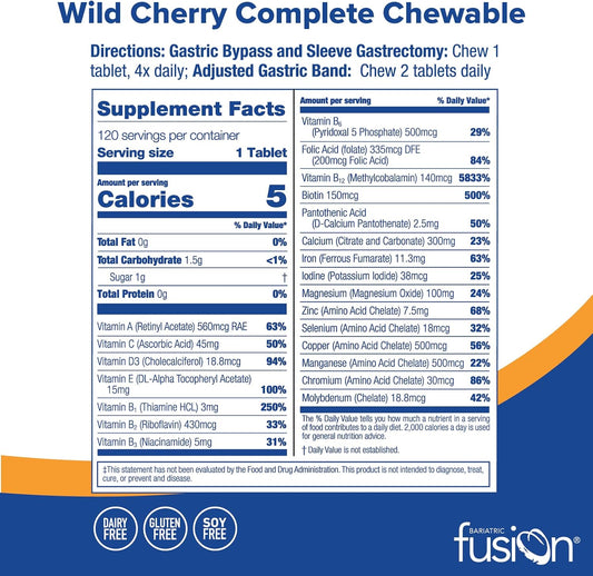 Bariatric Fusion Wild Cherry Complete Chewable Bariatric Multivitamin With Iron For Bariatric Surgery Patients Including Gastric Bypass And Sleeve Gastrectomy - 120 Tablets