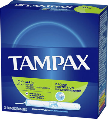 Tampax Cardboard Applicator Tampons, Super Absorbency, Unscented, 20 Count- Pack of 24 (480 Count Total)