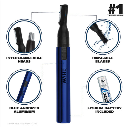 Wahl Lithium 2 In 1 Battery Pen Detail Touch Up Trimmer For Nose, Ear, Neckline, Eyebrow, & Other Detailing - Blue - By The Brand Used By Professionals - Model 5643-200