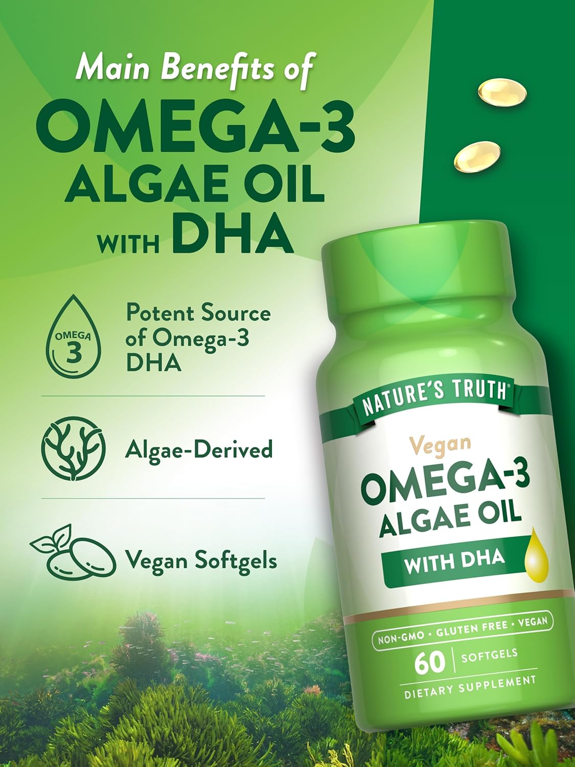 Nature's Truth Vegan Omega 3 Supplement | 60 Softgels | Algae Oil Formula with DHA | Non-GMO & Gluten Free Supplement : Health & Household